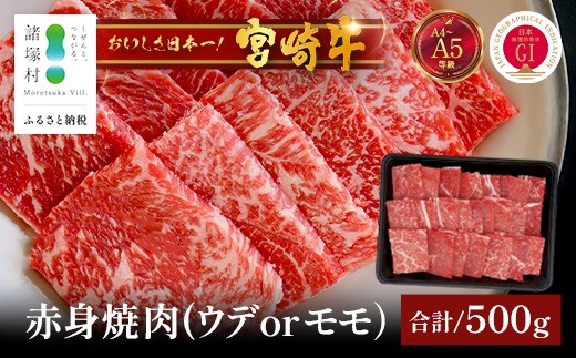 宮崎牛 赤身 焼肉用 約500g×1P［ウデまたはモモをお届け］焼肉 冷凍｜国産 牛肉 4等級以上 黒毛和牛 肉 お肉 ブランド牛 高級 株式会社ミヤチク 宮崎県 諸塚村 MY-08