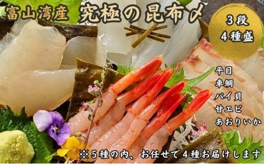 
究極の昆布〆、お任せ3段4種盛（急速冷凍品）魚卸問屋はりたや 富山県魚津市 昆布締め こぶじめ 刺身 天然昆布 [№5617-0744]
