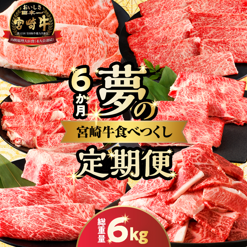 ≪6か月定期便≫夢の宮崎牛食べつくしセット(総重量6kg) _T030-1433【肉 牛 牛肉 おかず 国産 人気 ギフト 食品 すき焼き しゃぶしゃぶ 焼肉 BBQ 送料無料 プレゼント】
