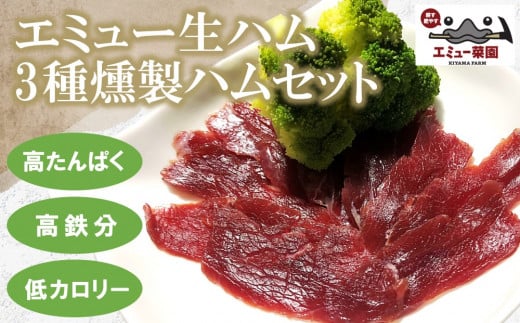 エミュー生ハム・3種燻製ハムセット【エミュー 基山産 高タンパク 高鉄分 低カロリー ヘルシー ジビエ 酒の肴 おつまみ 貴重肉 鉄分補給】 K006020