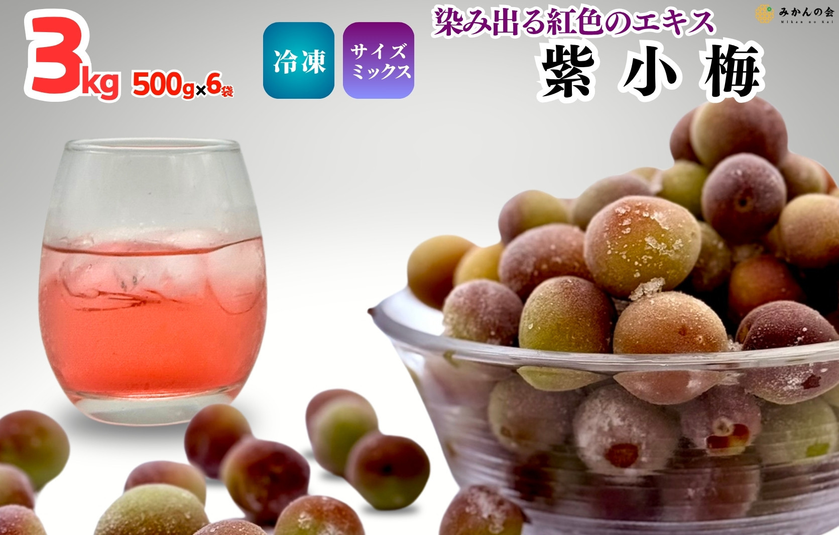 【2025年7月上旬～出荷予定】冷凍 紫小梅 3kg ( 500g ×6袋) 秀優混合 サイズミックス 紅紫色 梅 和歌山県産 紀州有田 クール便 【みかんの会】
