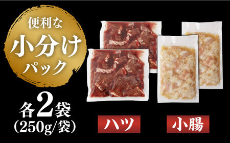 【塩だれ】九州産和牛 ホルモン 2種 計1kg（ ハツ 250g×2袋・ 小腸 250g×2袋） 長与町/岩永ホルモン [EAX138]国産 牛肉 ミックス 小分け 味付き 冷凍 焼肉