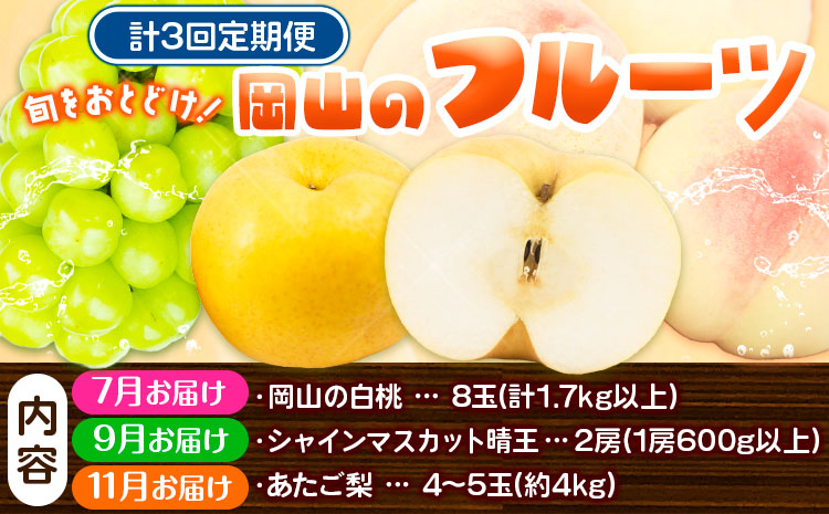 【2026年先行予約】定期便3回コース(隔月) 岡山のフルーツ 岡山の白桃8玉 (計1.7kg以上) シャインマスカット 晴王 2房 (1房600g以上) あたご梨 4~5玉 (約4kg) 化粧箱入り 株式会社山博(中本青果) 《2026年7月上旬-11月下旬頃出荷》 岡山県 浅口市 送料無料  【配送不可地域あり】（北海道・沖縄・離島）