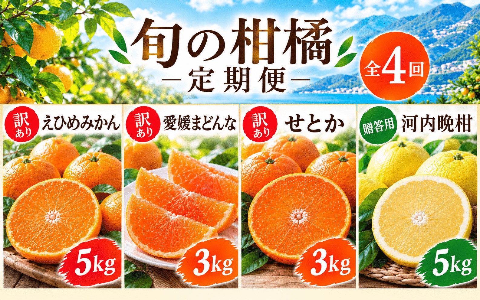 
                  【先行予約】旬の柑橘定期便4回 訳あり 愛媛みかん 10kg（温州みかん） まどんな 3kg せとか 3kg 贈答用 河内晩柑 5kg 吉田農園  サイズミックス  人気 ブランド プレミアム 柑橘 果物 フルーツ 期間限定 産地直送 国産 農家直送 わけあり 特産品 お取り寄せ mikan 蜜柑 ミカン オレンジ  ビタミン 甘い おいしい 紅まどんな と同品種 不揃い 吉田農園 愛南町 愛媛県
                
