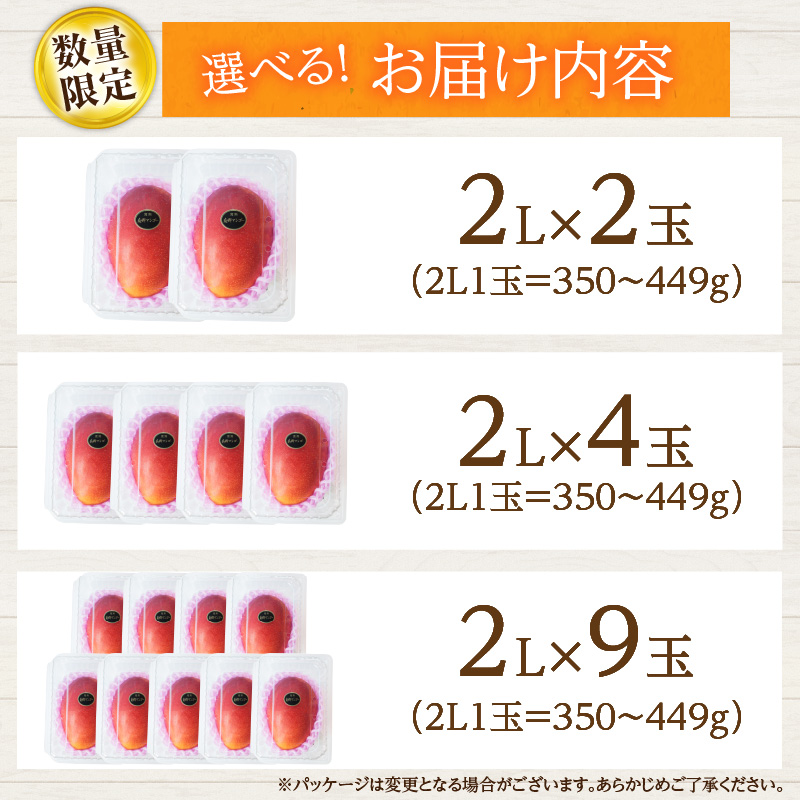 S-BD94-24_リピーター続出≪玉数が選べる≫数量限定 日南市産 完熟 マンゴー 2L以上 2玉 4玉 9玉 フルーツ 果物 果汁 希少 濃厚 ジューシー 贅沢 上質 人気 国産 食品 産地直送_