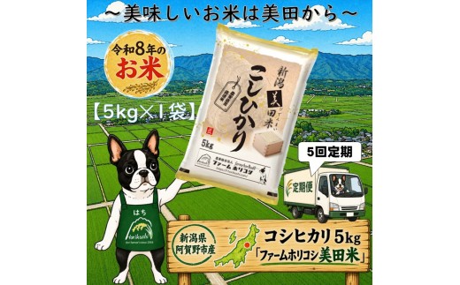 【令和8年産新米】【5か月定期便】阿賀野市産 コシヒカリ 「ファームホリコシ美田米」 5kg×5回  白米 精米 新潟県 米 こめ コメ 10月上旬頃より発送開始予定 3H20060