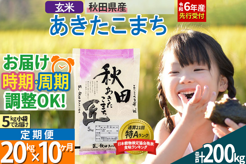 
【玄米】＜令和6年産 予約＞ 《定期便10ヶ月》秋田県産 あきたこまち 20kg (5kg×4袋)×10回 20キロ お米【選べるお届け時期】【お届け周期調整 隔月お届けも可】
