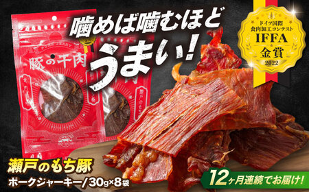 【全12回定期便】肉「瀬戸のもち豚」ポークジャーキー 8袋(30g/袋) [BAER058]ジャーキー