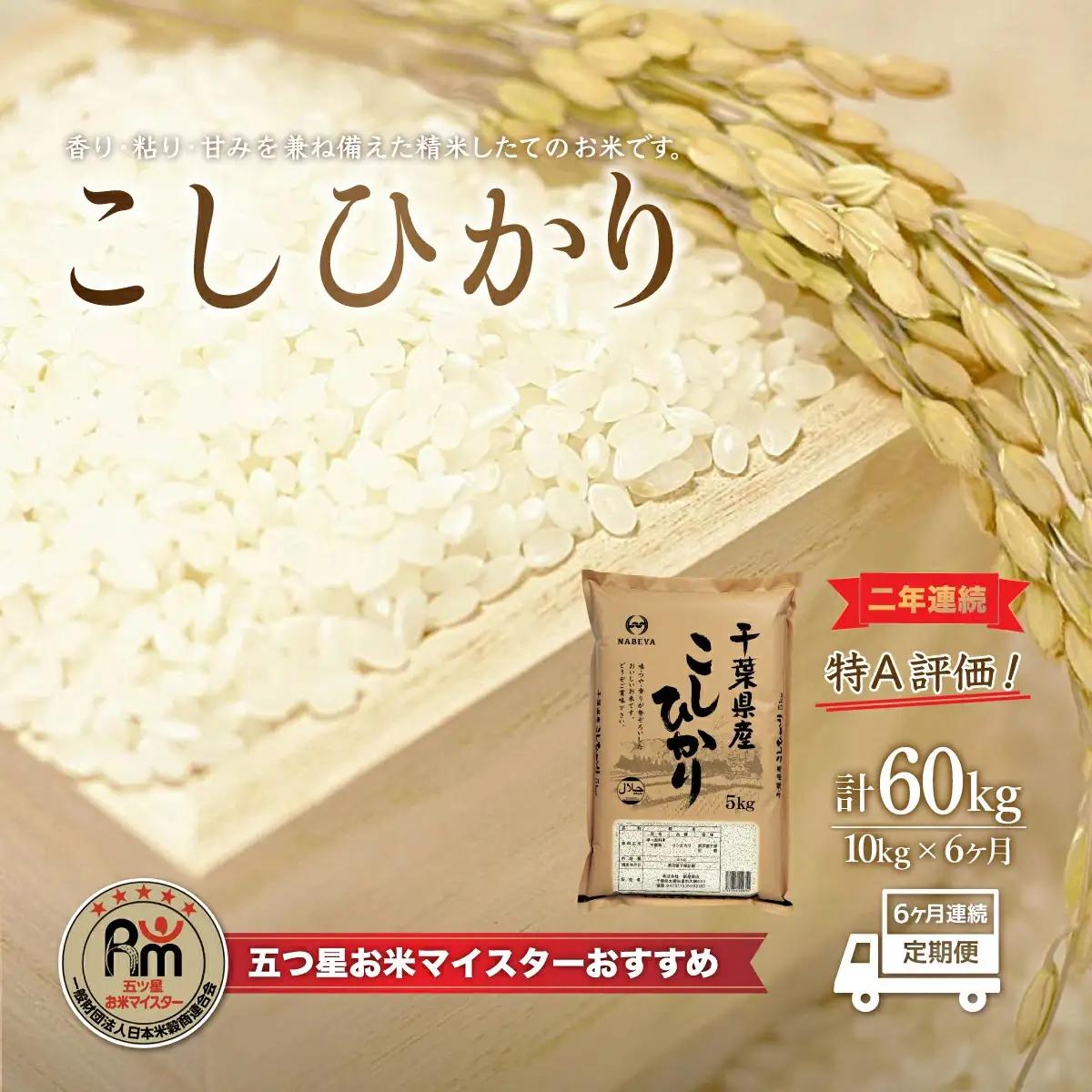 ＜6ヶ月定期便＞2年連続特A評価！千葉県産コシヒカリ10kg×6ヶ月連続 計60kg E021