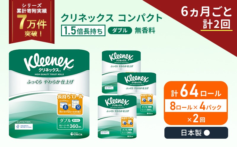
            定期便 トイレットペーパー ダブル クリネックス コンパクト 1.5 倍巻き 8ロール入 × 4パック 無香料 《 6ヶ月ごと 計  2回 》 [№5704-1051]
          