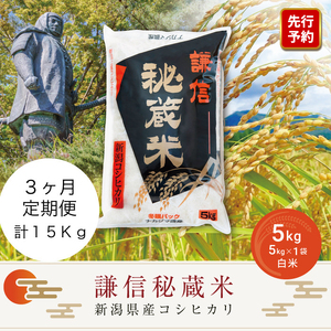 【先行予約｜10月上旬より順次出荷】定期便3ヶ月連続発送（5kg×3回分）5kg 米 新潟県産 コシヒカリ  精白米 謙信秘蔵米  お米  こめ コメ おこめ おすすめ こしひかり 新潟 にいがた 新潟米 上越 上越産 上越米 ふるさと納税 定期便 上杉謙信 人気