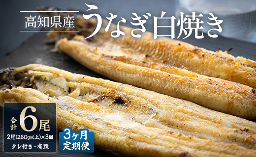 【3ヶ月定期便】高知県産うなぎの白焼き 合計6尾 (2尾260g以上×3回) タレ付き エコ包装 - 鰻 ウナギ しらやき 有頭 つまみ ご飯のお供 ごはん 丼 たれ 簡易 Wyw-0071