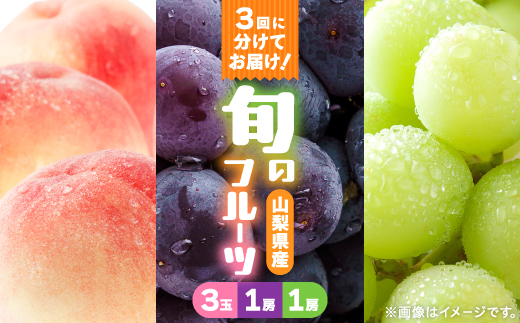 【発送月固定定期便】桃3玉　黒ぶどう1房(500g以上)シャインマスカット1房(500g以上)全3回【配送不可地域：離島】