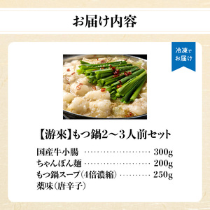 【游來】もつ鍋2～3人前セット モツ もつ ホルモン 鍋 新感覚 スープ 〆付き 麺 ちゃんぽん麺 セット 冷凍配送 簡単 調理 福岡県 八女市 072-293