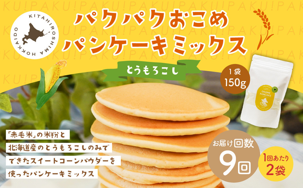 
            【1ヶ月毎9回定期便】 パクパクおこめパンケーキミックス（とうもろこし）スタンドパック 計18パック （2パック×9回） ホットケーキミックス
          