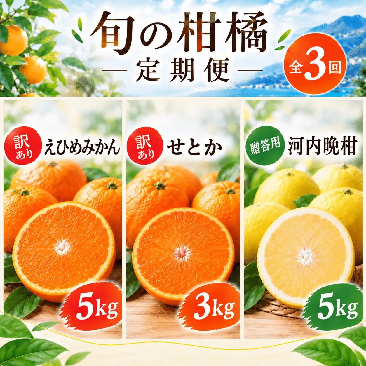 【先行予約】旬の柑橘定期便3回 訳ありえひめみかん（温州みかん）5kg 訳ありせとか 3kg 贈答用河内晩柑 5kg   吉田農園  サイズミックス  人気 ブランド プレミアム 柑橘 果物 フルーツ 期間限定 産地直送 国産 農家直送 わけあり 特産品 お取り寄せ mikan 蜜柑 ミカン オレンジ  ビタミン 甘い おいしい  不揃い 吉田農園 愛南町 愛媛県