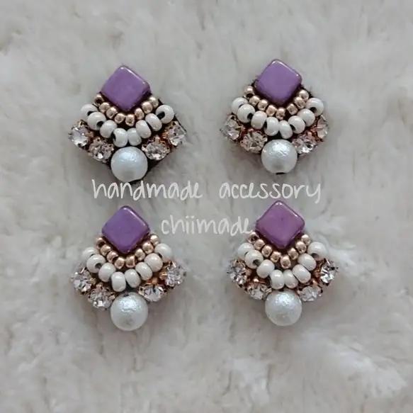 ビーズ 刺繍 ひし形 : イヤリング パープル ジュエリー アクセサリー レディース 手作り ハンドメイド chiimade