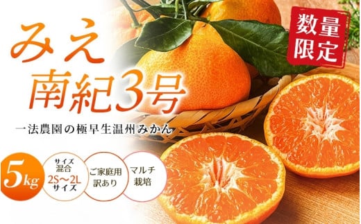 【先行予約】みえ南紀3号  一法農園の 極早生温州みかん 2S-2L サイズ混合 5kg ご家庭用 ちょこっと訳あり マルチ栽培【2025年10月中旬～11月中旬までに順次発送】 / みかん 蜜柑 極早生 数量限定 温州 ミカン フルーツ 果物 くだもの