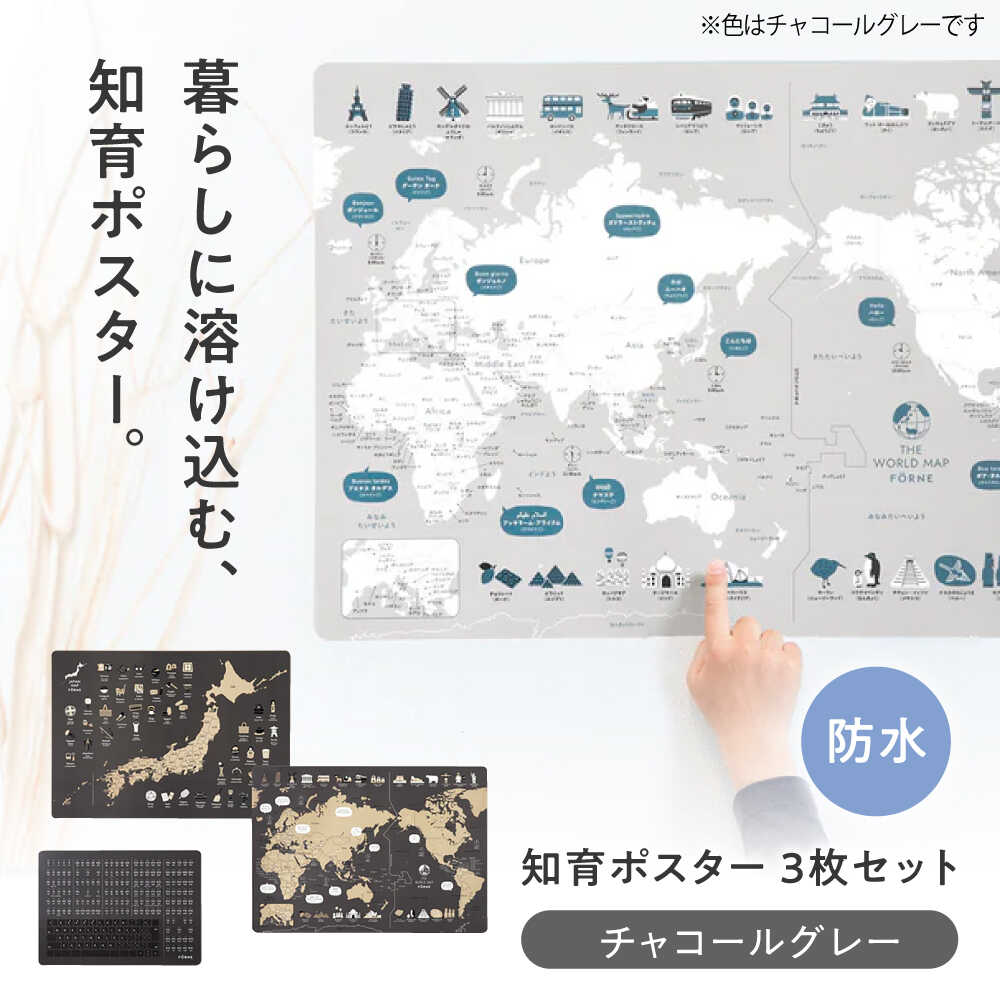 【ふるさと納税】知育 知育ポスターチャコールグレー 3枚セット / 日本地図 世界地図 ローマ字 幼稚園 小学生 オシャレ 学習用 防水加工 知育 情操教育 おしゃれ 子供 シンプル ギフト お祝い 入園 入学 / 愛媛県砥部町/株式会社明朗社[BJBA006]