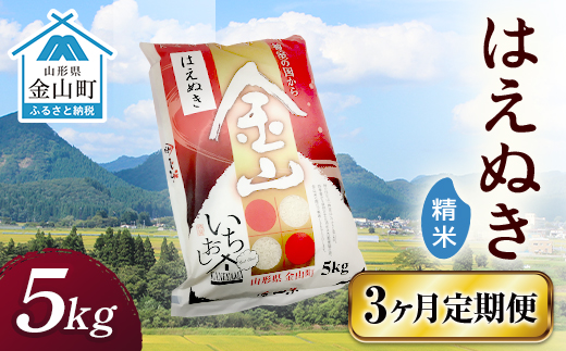 令和7年産 金山産米 はえぬき 【精米】（5kg）×3ヶ月  計15kg 定期便 米 お米 白米 ご飯 精米 ブランド米 送料無料 東北 山形 金山町  F4B-0642