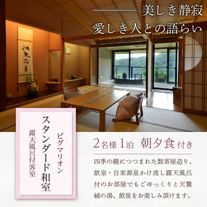 飲泉、自家源泉かけ流しの宿　観音温泉「ピグマリオン・スタンダード和室」ペア宿泊招待券（1泊2食付） [旅行 宿泊 ペア 宿泊券 温泉 アルカリ単純泉 超軟水 強アルカリ 食事付き 露天風呂 1泊2食 