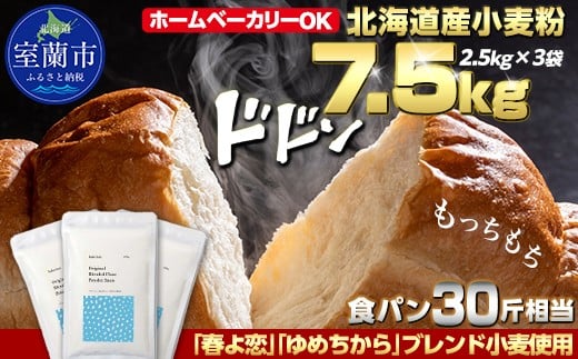 
            北海道産 「春よ恋」「ゆめちから」ブレンド小麦粉 パウダースノー（パン用強力粉）7.5kg  【 ふるさと納税 人気 おすすめ ランキング 小麦 小麦粉 粉 春よ恋 ゆめちから ブレンド パウダースノー パン用 強力粉 穀物 国産 北海道産 こむぎ こむぎこ  ギフト 贈答 プレゼント 贈り物 北海道 室蘭市 送料無料 】 MROBI011
          