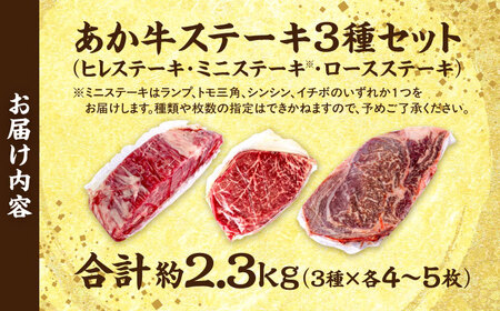 熊本 あか牛 ステーキ 食べ比べ 3種セット（ミニステーキ・ヒレステーキ・ロースステーキ） 各5枚 計約2350g ヒレステーキ ヒレステーキ ヒレステーキ ヒレステーキ ロースステーキ ロースステー