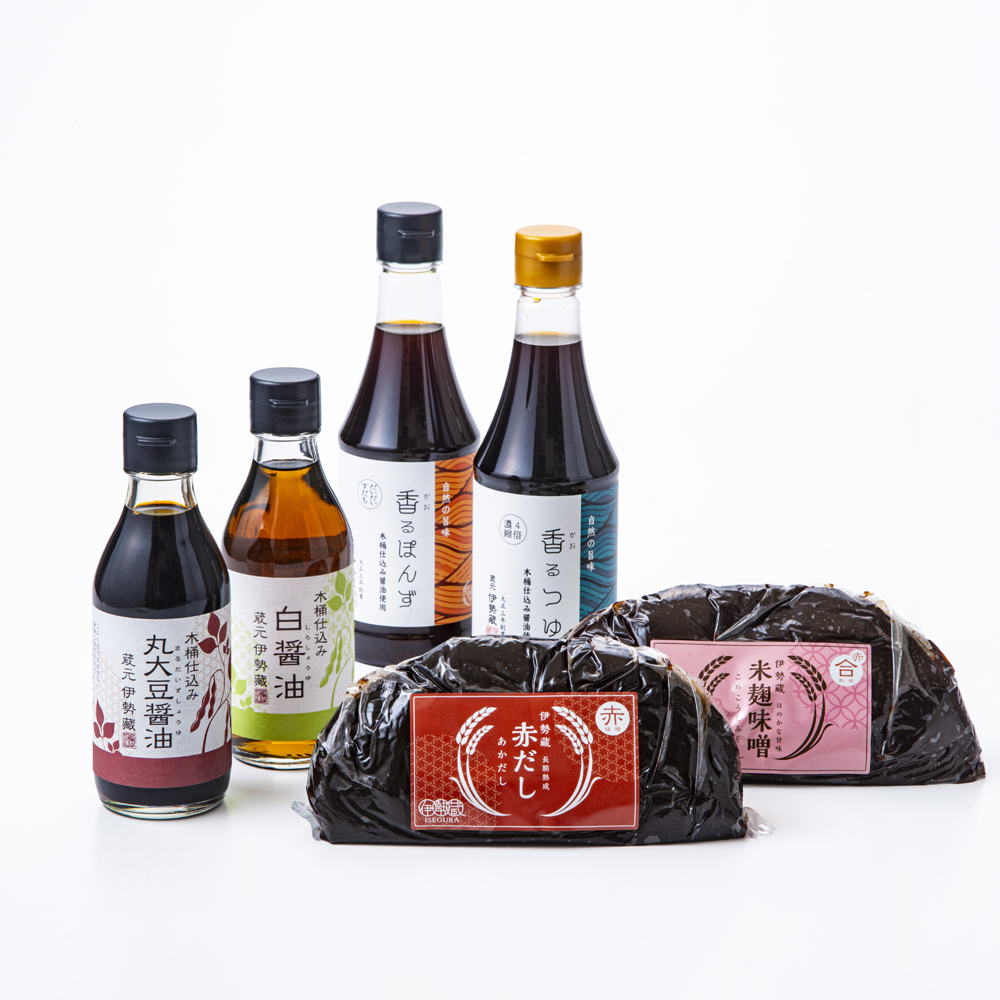 伊勢藏 6点セット（丸大豆醤油200ml、白醤油200ml、香るぽんず360ml、香るつゆ360ml、米麹味噌500g、赤だし500g）創業100年以上続く希少な「百年木桶」の味わい。_イメージ5