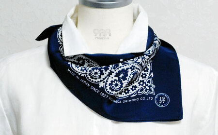 【洗える】 シルクスカーフ ミニ 浜ちりめんシルク100% ネイビー/ペイズリー柄 滋賀県長浜市/有限会社吉正織物工場[AQDQ004]