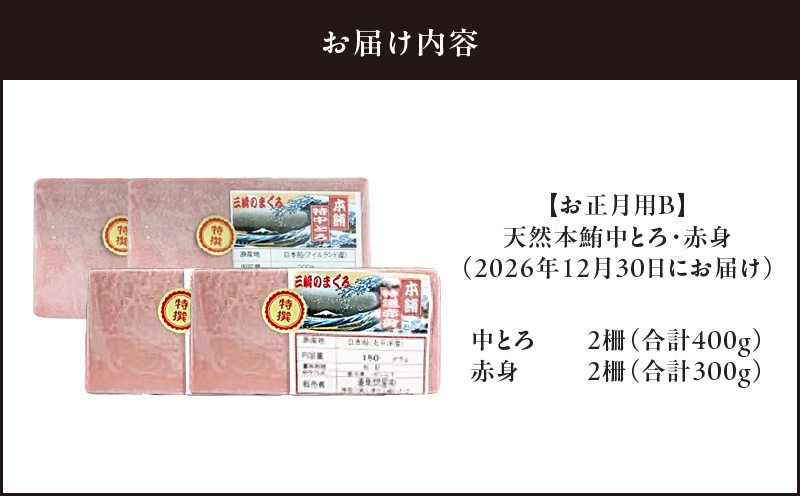 【お正月用B】天然本鮪中とろ2柵・赤身2柵（2026年12月30日にお届け）　M005-051-02