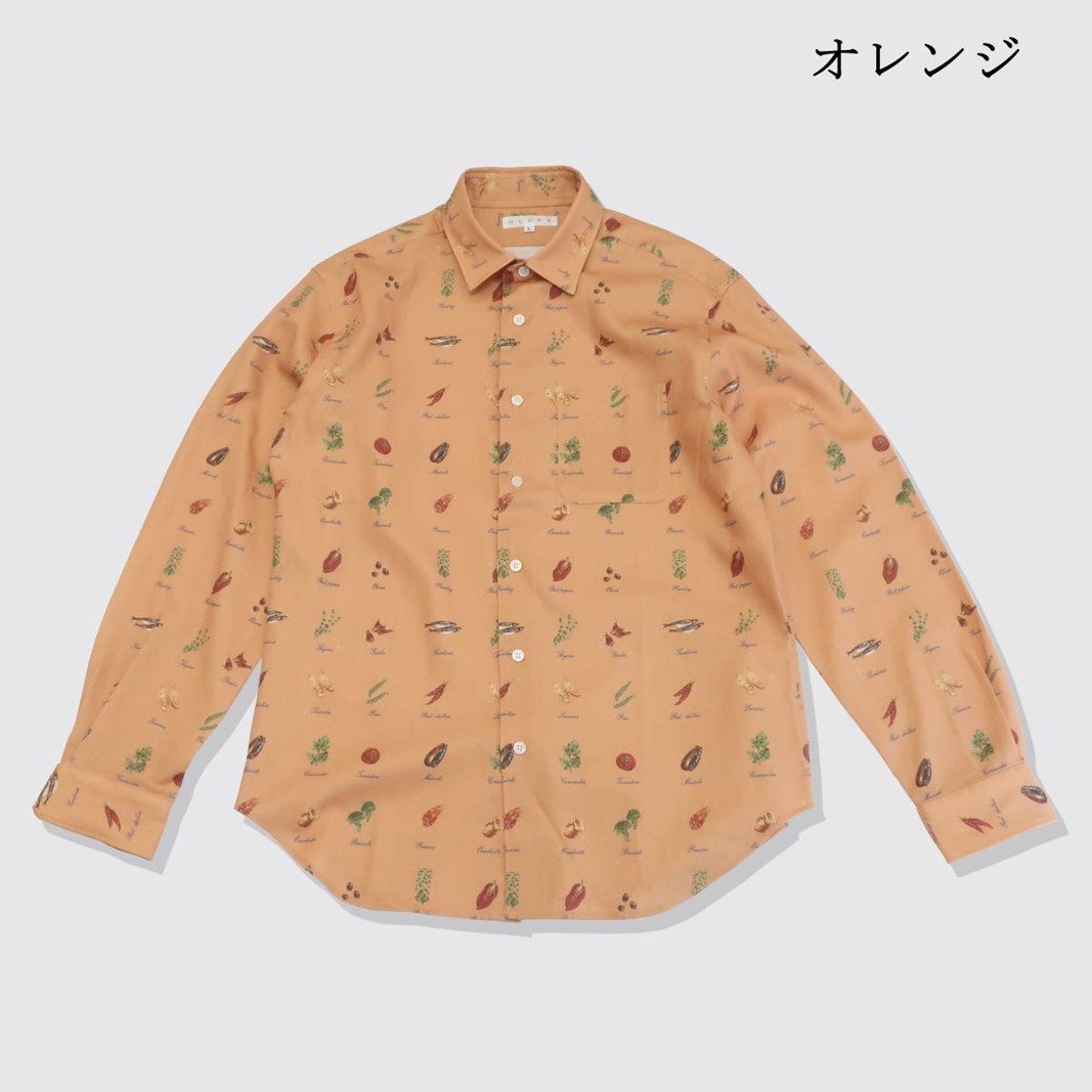 【ふるさと納税】CLOFT 長袖プリントシャツ”イタリアン食材” 綿麻ツイル（C/＃56 オレンジ） L 長袖 シャツ Tシャツ 衣服 洋服 ファッション 綿 麻 ツイル イタリアン食材柄 食べ物モチーフ メンズ レディース 柄シャツ リネンコットン デザインシャツ 新宿 0139-012-S07-4