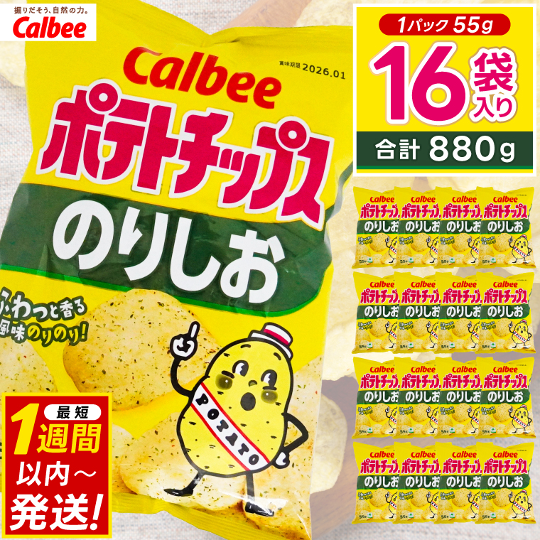 ポテトチップス カルビー 「のりしお」16袋（55g×16袋）1ケース 総計880g【ポテチ Calbee のり塩 のり しお セット 菓子 ポテト チップス スナック おやつ じゃがいも ジャガイモ お取り寄せ まとめ買い 詰め合わせ 詰合せ 人気 送料無料】(BG028)