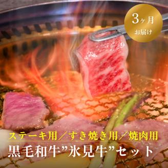 【３回定期便】極上の黒毛和牛氷見牛ステーキ用＆すき焼き用＆焼肉用