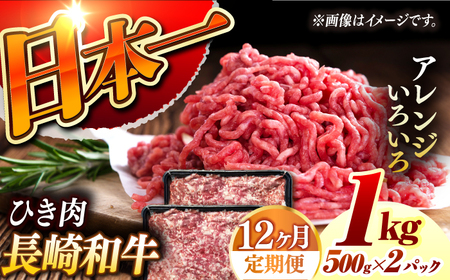 【12回定期便】 長崎和牛 黒毛和牛100％ひき肉 毎月500g×2 （A4またはA5ランク） 長与町/炭火焼肉あおい[EBW069]