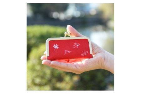 伊予小紋いちよう　がま口小物入れ （ 霊峰石鎚・紅唐色 ）｜ ハンドメイド 手仕事 反物
