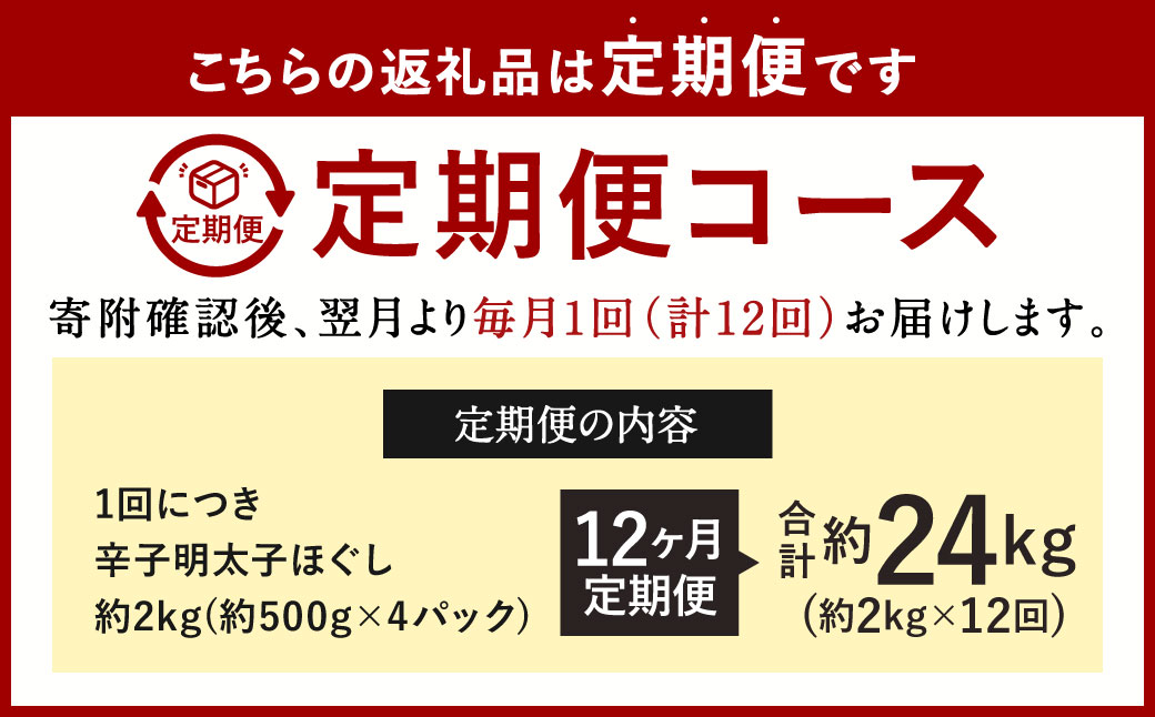 【12ヶ月定期便】辛子明太子ほぐし 約2kg 総重量約24kg 明太子 辛子明太子 めんたいこ ほぐし 海鮮 魚介類 魚卵 おつまみ ご飯のお供 定期便 冷凍 九州 福岡県 北九州市