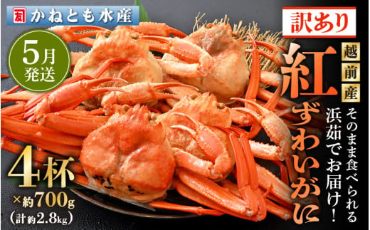 【訳あり】≪浜茹で≫越前産 紅ずわいがに 約700g × 4杯 食べ方しおり付【紅ズワイガニ カニ かに 蟹 姿 ボイル 冷蔵 福井県】【5月発送分】希望日指定不可 [e14-x002_05]