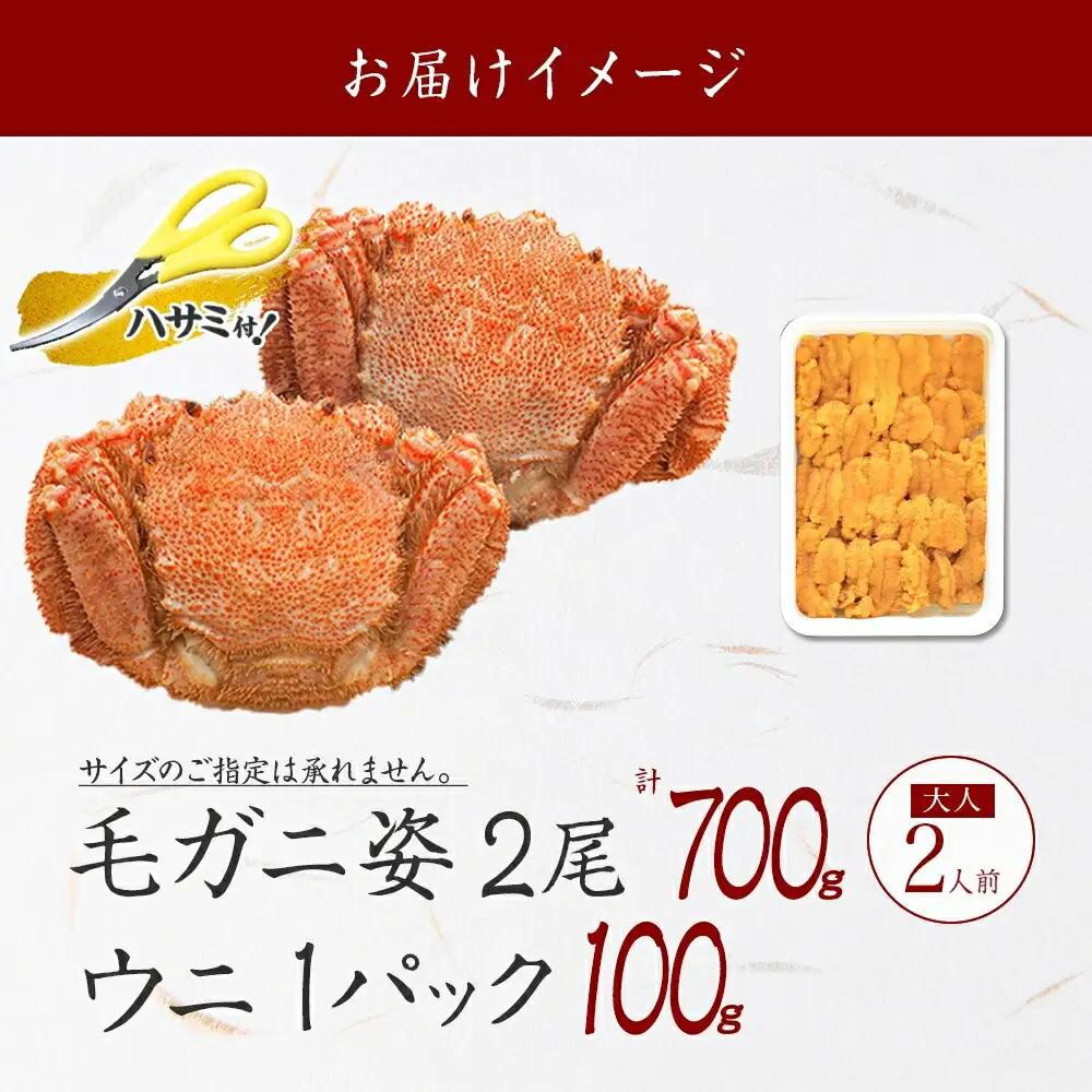 毛蟹 2尾 計700g前後 うに チリ産 冷凍 100g 専用ハサミ・食べ方ガイド付き 毛ガニ 毛がに 蟹 カニ かに 蟹肉 カニ味噌 ウニ 雲丹 海鮮 ボイル 北海道 弟子屈町 3418