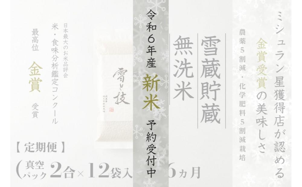 ≪ 令和6年産 新米 先行予約 ≫【定期便】〔 真空パック 2合 ×12袋 〕×6ヵ月《 雪蔵貯蔵 無洗米 》 金賞受賞 魚沼産コシヒカリ 雪と技  農薬5割減・化学肥料5割減栽培