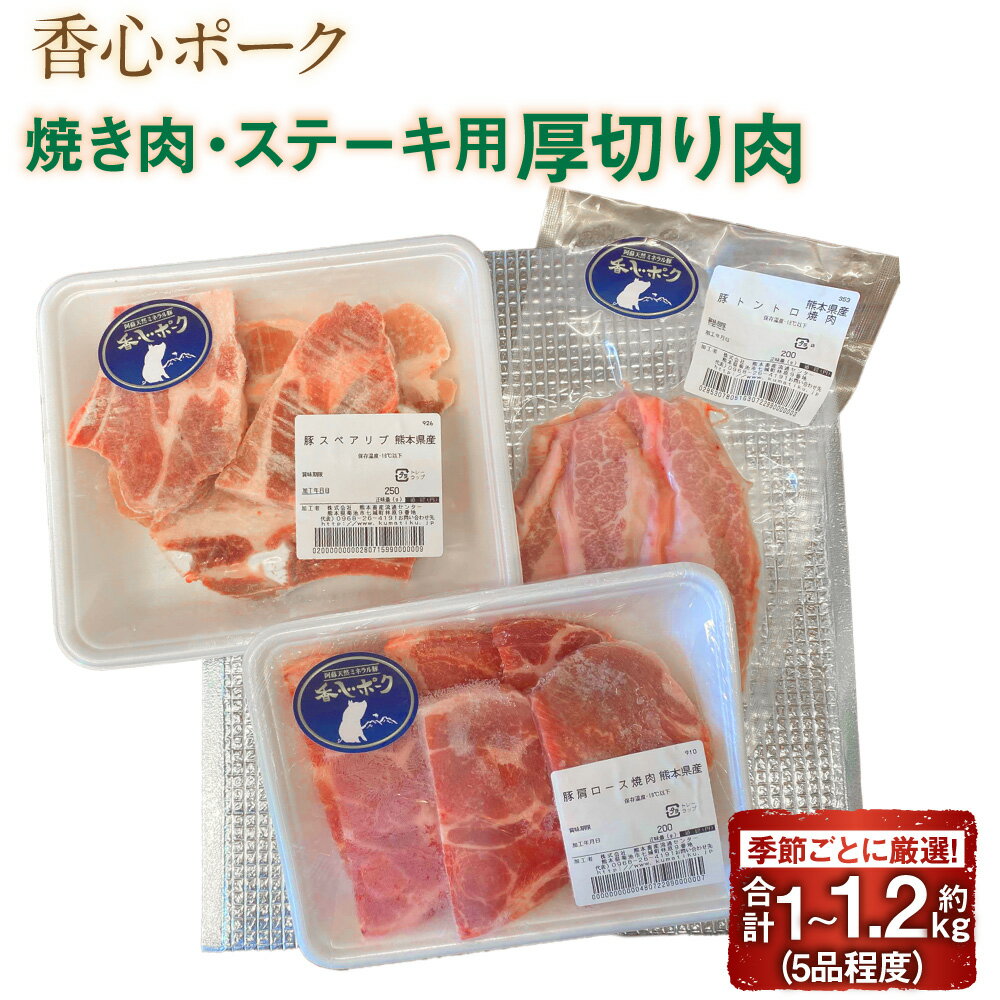 【ふるさと納税】【香心ポーク】焼き肉・ステーキ用 厚切り肉 各部位セット 合計1.0～1.2kg バラ・ロース・肩ロース・もも・スペアリブBBQカット・トントロ（焼き肉用）・トントロブロック 豚肉 お肉 ステーキ 生姜焼き 冷凍 熊本県産 国産 九州 熊本県 送料無料