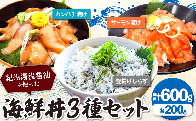 紀州湯浅醤油を使った サーモン と カンパチ の 漬け ＆ 釜揚げ しらす の 海鮮丼 3種 セット 計600g 魚鶴商店 《30日以内に出荷予定(土日祝除く)》 和歌山県 日高町 サーモン カンパチ 釜揚げ しらす 漬け丼 海鮮丼 セット