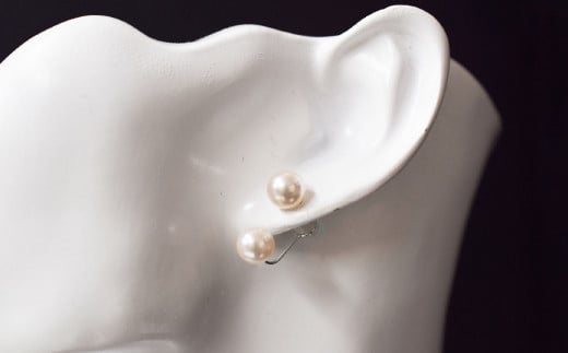 S085-206_天草産 7.5-8mm 18K ホワイト ピンク あこや真珠 ピアス L字 ダブルパールピアス（K14WG）