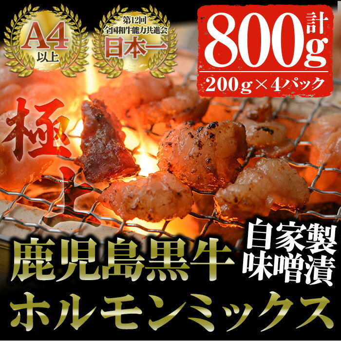 【ふるさと納税】鹿児島黒牛 和牛ホルモンミックス 自家製味噌漬け(計800g・200g×4P) 国産 鹿児島県産 黒毛和牛 和牛 牛 ホルモン ミックス 焼肉 冷凍【佐多精肉店】