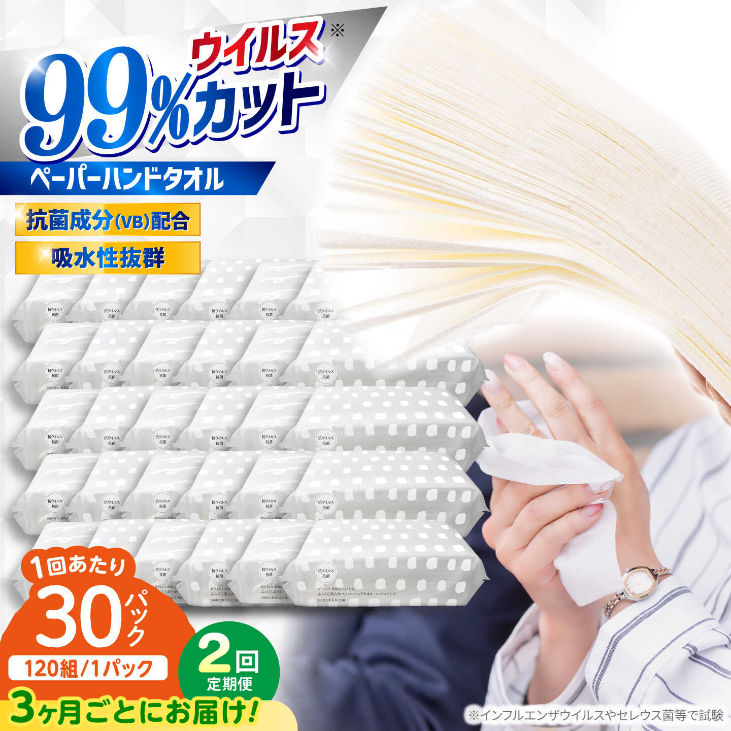 【ふるさと納税】抗ウイルス 抗菌成分 (VB) 配合 ふっくら柔らか ペーパーハンドタオル エンボス仕上げ 30パック (1パック:120組(240枚)入り) 〈選べるお届け回数〉 / 抗菌 衛生 ハンドタオル ペーパータオル スピード発送 スピード配送 【河野製紙株式会社】[ATAJ016]