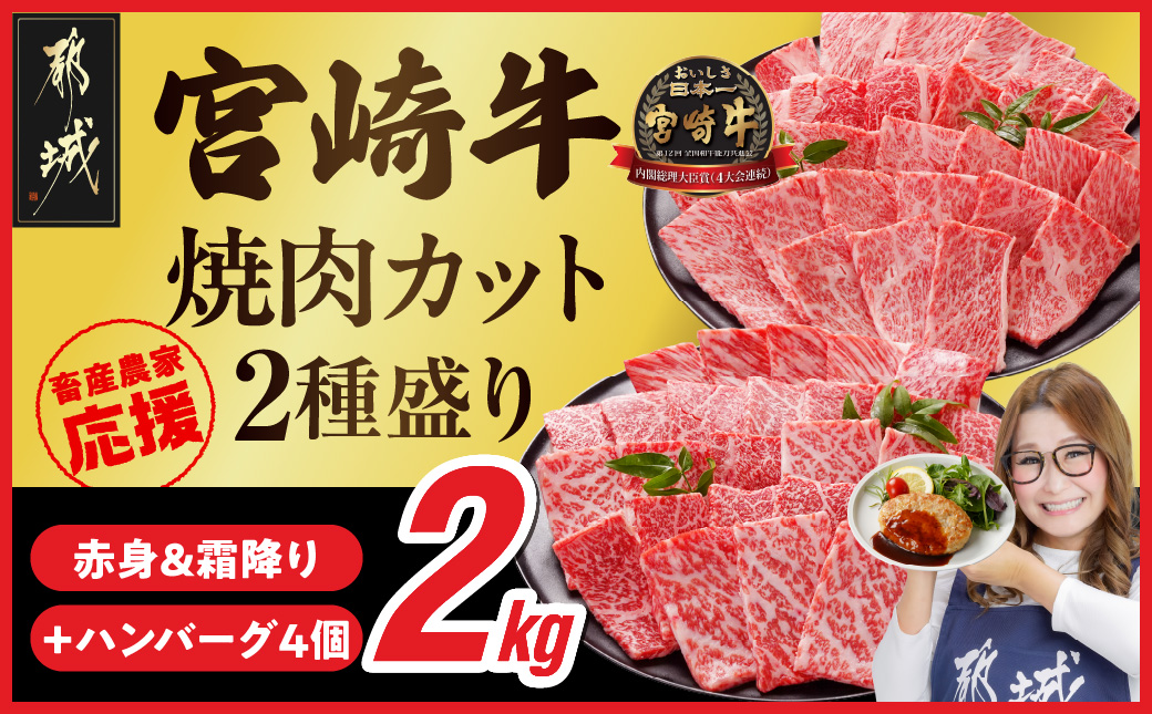 畜産農家応援! 宮崎牛焼肉2種セット500g×4パック+豚肉ハンバーグ100g×4個_32-N202-ESH