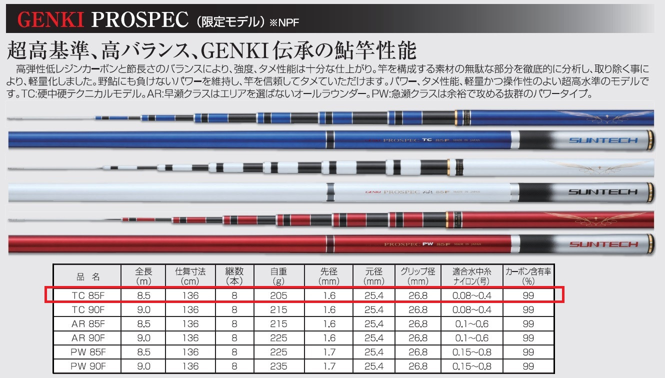 
【日本製・鮎竿限定モデル】GENKI PROSPEC TC 85F（396-1）
