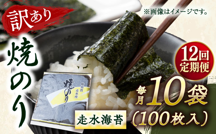 
            【全12回定期便】【訳あり】焼海苔10袋（全形100枚） 訳アリ 海苔 のり ノリ 焼き海苔 走水海苔 横須賀【丸良水産】 [AKAB132]
          