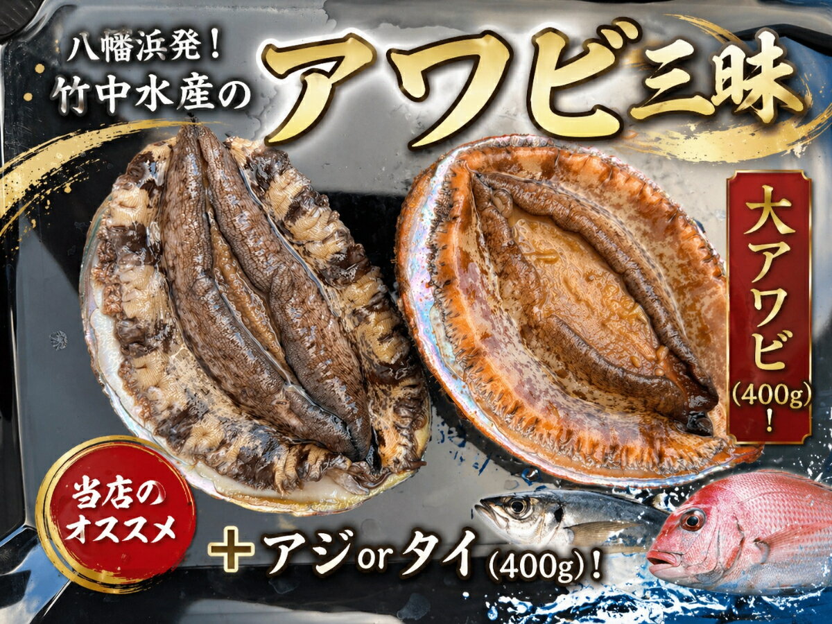 【ふるさと納税】八幡浜発!竹中水産の「アワビ三昧大サイズ」400g(鯛もしくはアジとセット)【F22-214】_ あわび 鮑 アワビ アジかタイ 選べる セット 海鮮 刺身 冷蔵 活き 鮮魚 グルメ 魚介 BBQ 【配送不可地域：離島・北海道・沖縄県】【1043110】YWTM032