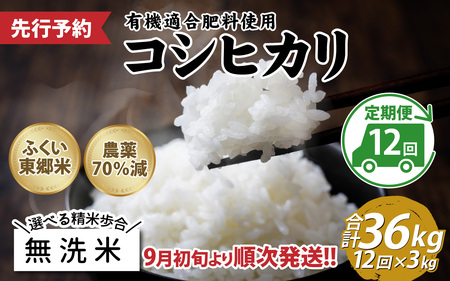 【無洗米】【定期便12ヶ月連続】令和6年産 新米 ふくい東郷米 特別栽培米 農薬70％減 コシヒカリ 3kg×12ヶ月 合計36kg[J-020024_04]