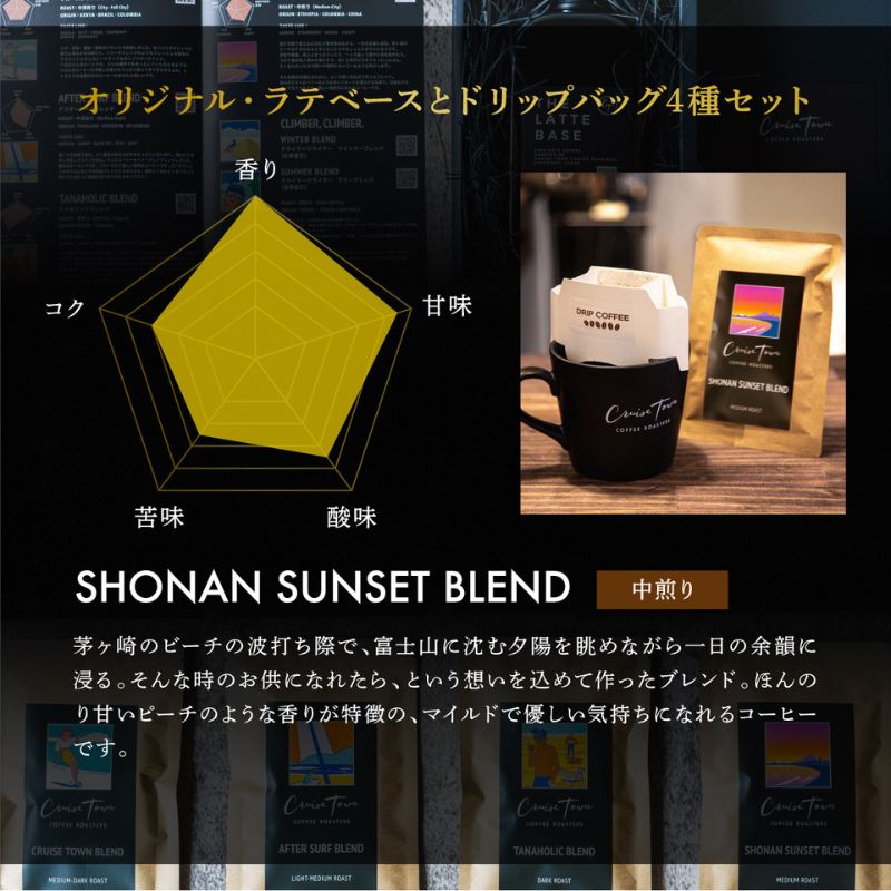 3ヵ月定期便【茅ヶ崎のスペシャルティコーヒー専門ロースター】CRUISE TOWN COFFEE ROASTERS オリジナル・ラテベースとドリップバッグ4種セット